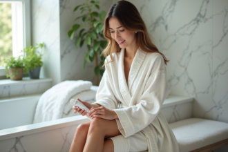 Femme en robe coton utilisant epilateur dans salle de bain lumineuse