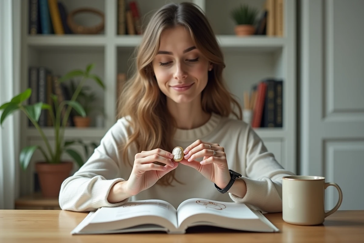 Jeune femme étudiant la signification d'un pendentif camée en consultant un livre de référence sur les bijoux anciens