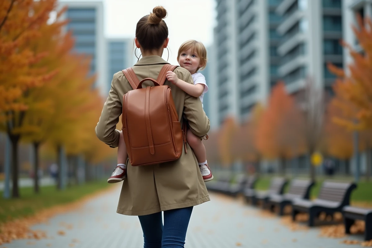 Femme en trench et jeans avec un enfant dans un parc urbain