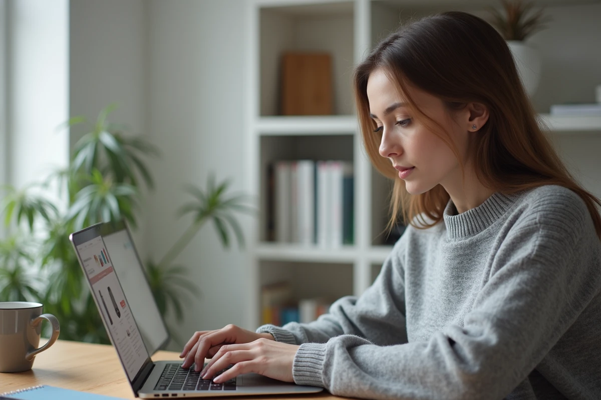 Femme consultant une marketplace en ligne sur son ordinateur portable dans un bureau à domicile, illustrant la recherche de produits sans marque