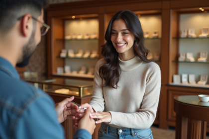 Femme souriante mesurant sa bague chez un bijoutier