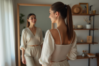 Femme regardant son reflet dans un miroir dans une chambre lumineuse