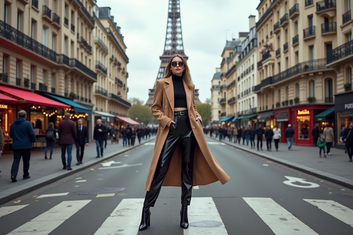 Femme élégante posant près de la tour Eiffel à Paris