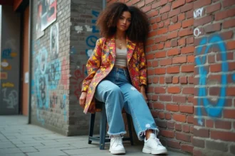 Femme stylée en blazer et jeans acidwash devant un mur graffité