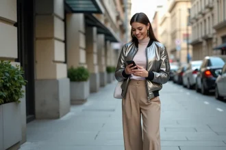 Femme urbaine en bomber argenté et pantalon beige