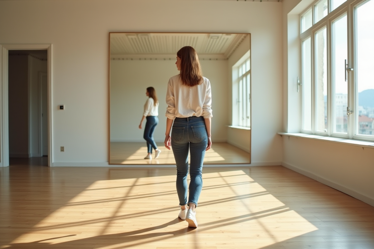 Femme modèle pratiquant sa marche devant un miroir lumineux