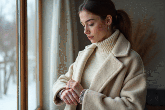 Femme élégante portant bracelet en argent et pull crème