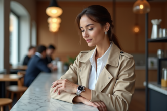 Femme élégante vérifiant l'heure avec une montre à Paris
