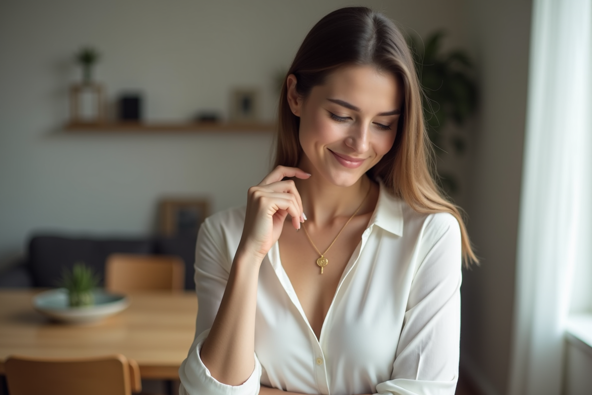 Femme en blanc touchant un collier en or délicat