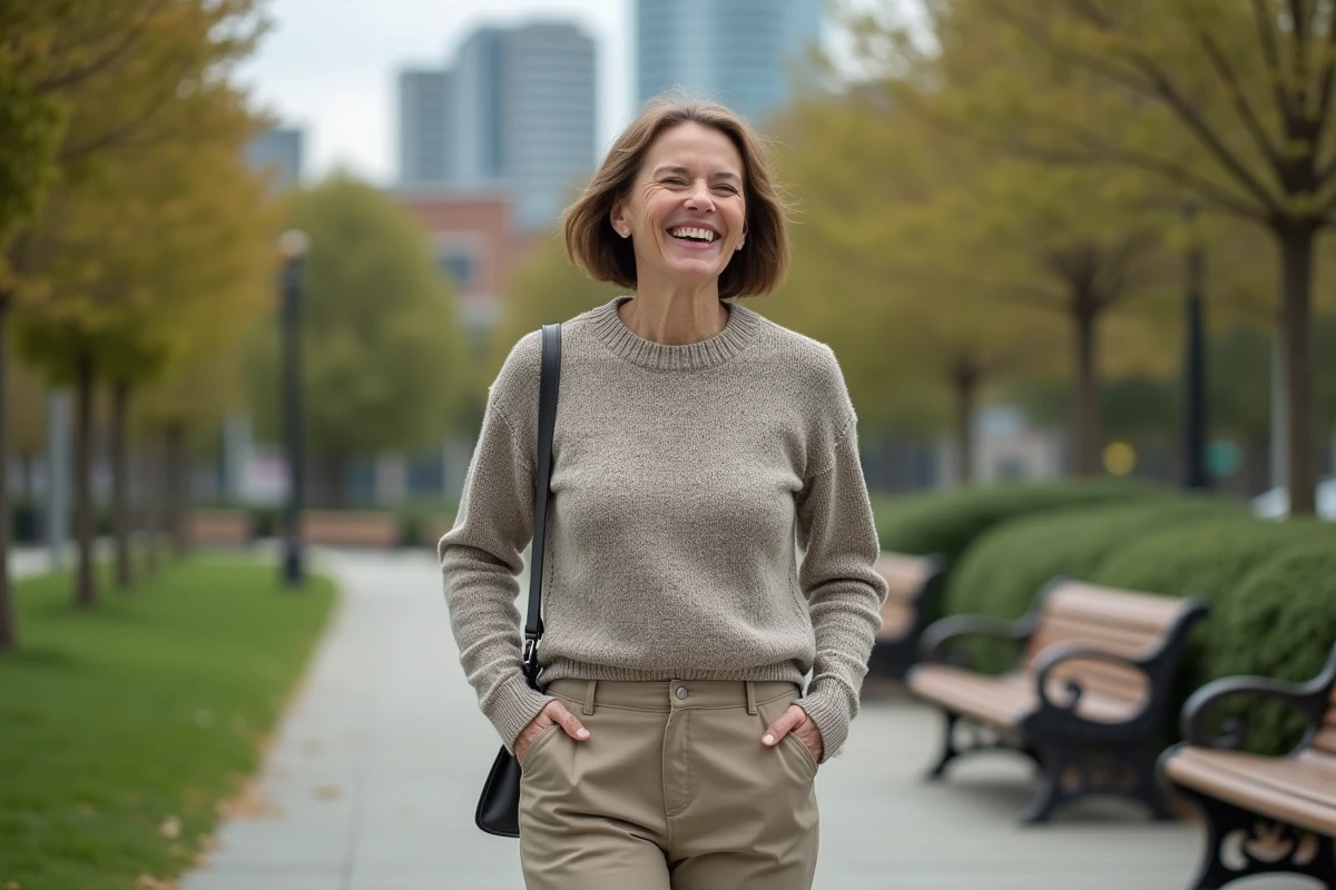 Femme souriante marchant dans un parc urbain verdoyant