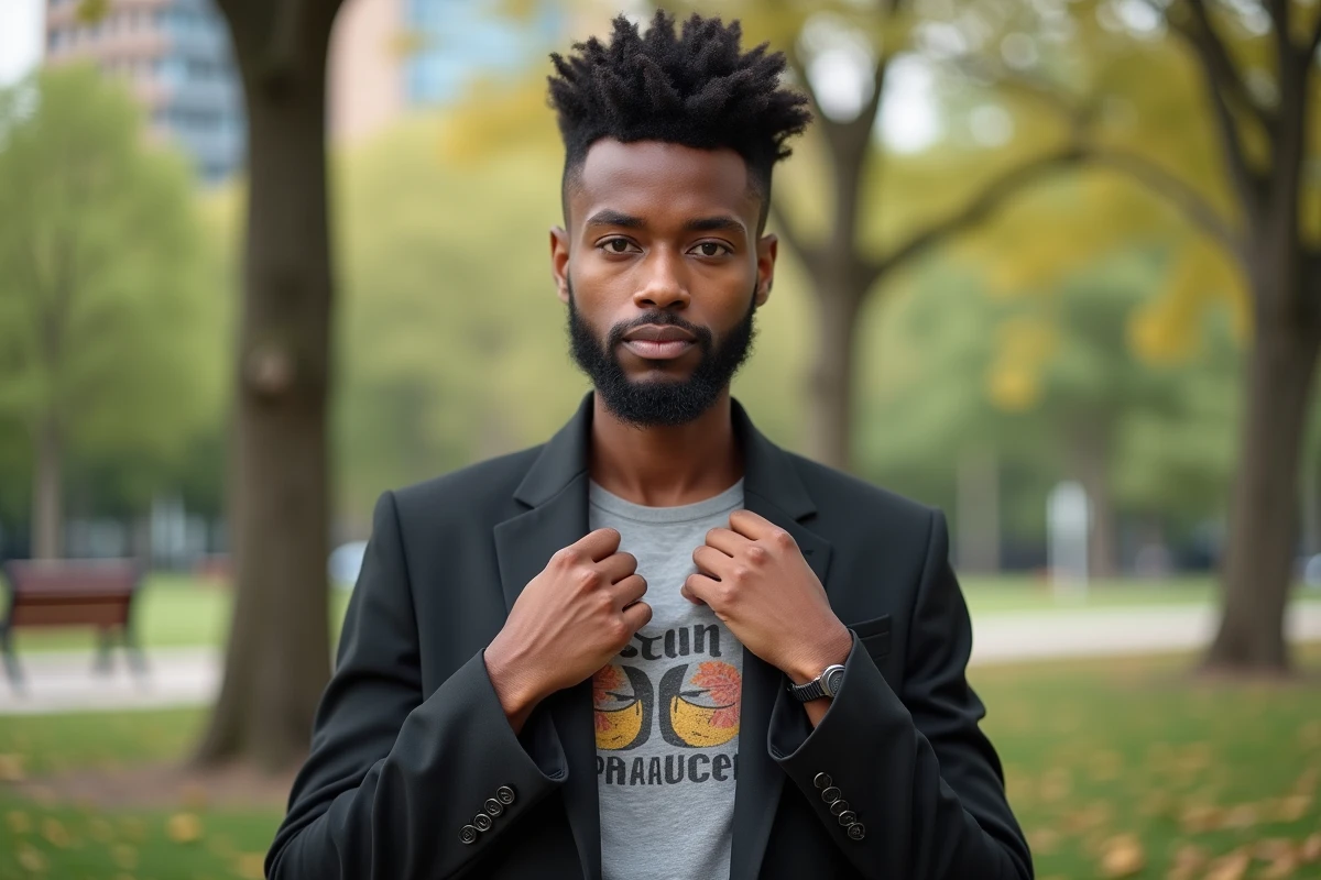 Femme élégante ajustant sa veste dans un parc urbain