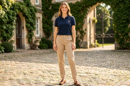 Femme élégante portant un polo marine avec logo cheval brodé devant une cour pavée de manoir européen, alternative chic à Ralph Lauren