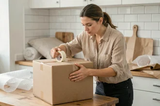 Femme préparant un gros colis pour un envoi Vinted Go en scotchant un carton sur une table de cuisine