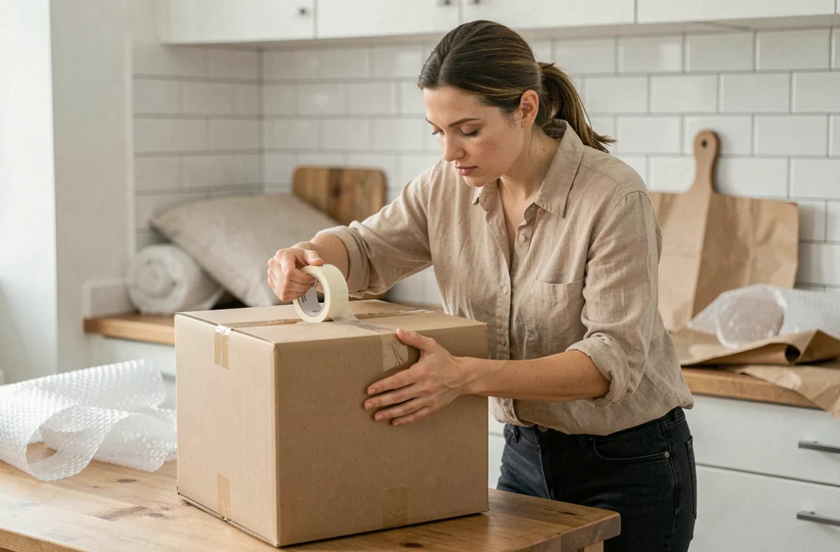 Femme préparant un gros colis pour un envoi Vinted Go en scotchant un carton sur une table de cuisine