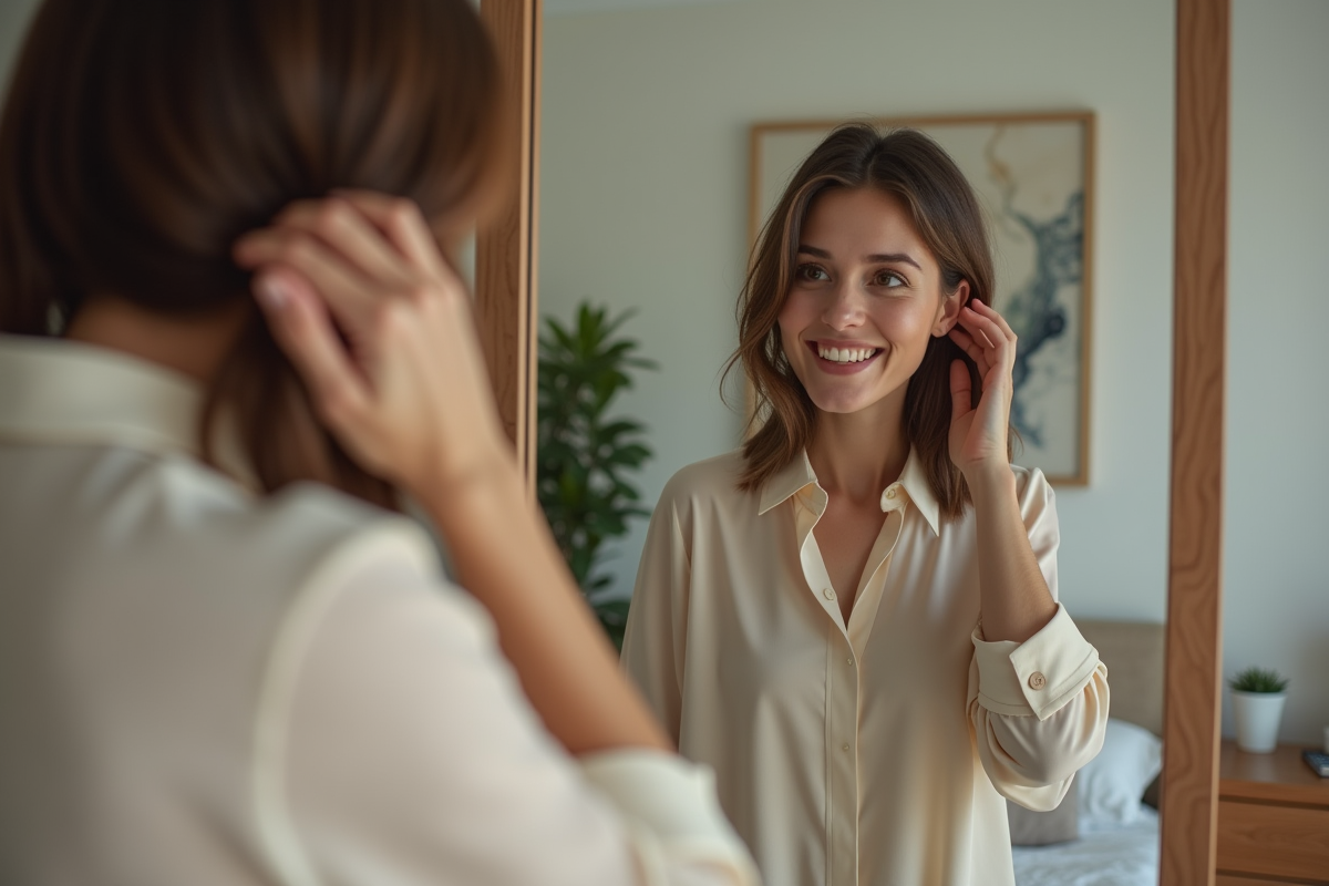 Femme dans sa chambre se regardant dans le miroir avec un sourire naturel