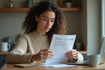 Jeune femme examine un formulaire de retour dans la cuisine