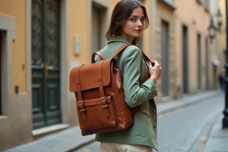 Femme portant un sac à dos en cuir terracotta tendance 2026 dans une rue pavée européenne