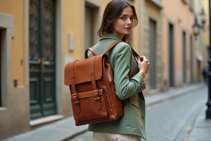 Femme portant un sac à dos en cuir terracotta tendance 2026 dans une rue pavée européenne