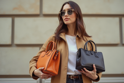 Jeune femme élégante avec sacs colorés devant un mur urbain