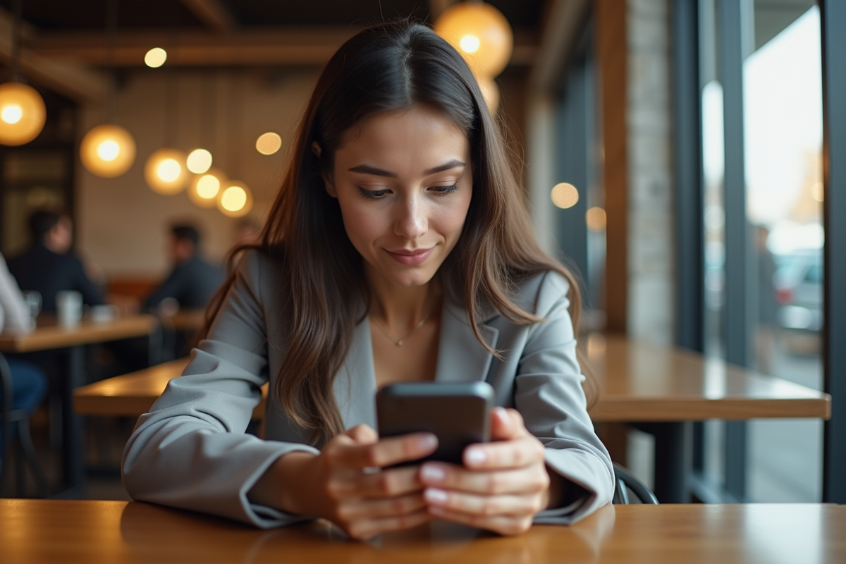 Jeune femme utilisant une application shopping au café