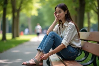 Femme en jeans et chemise en plein air dans un parc urbain
