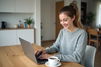 Femme assise avec ordinateur et café pour article Zalando