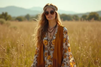 Femme en robe maxi bohème à imprimé floral années 70 avec veste en daim frangé dans une prairie ensoleillée