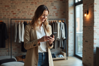 Femme élégante en trench beige dans un loft moderne
