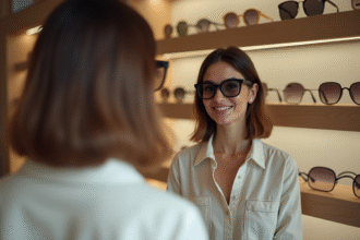 Femme portant des lunettes rondes dans une boutique moderne