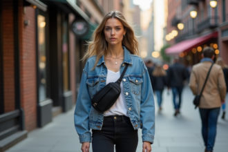 Femme en denim et sac à la mode dans la ville