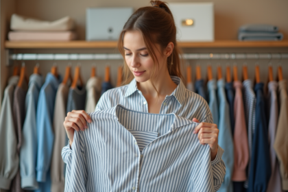 Jeune femme dans un magasin de vêtements contemple des blouses rayées