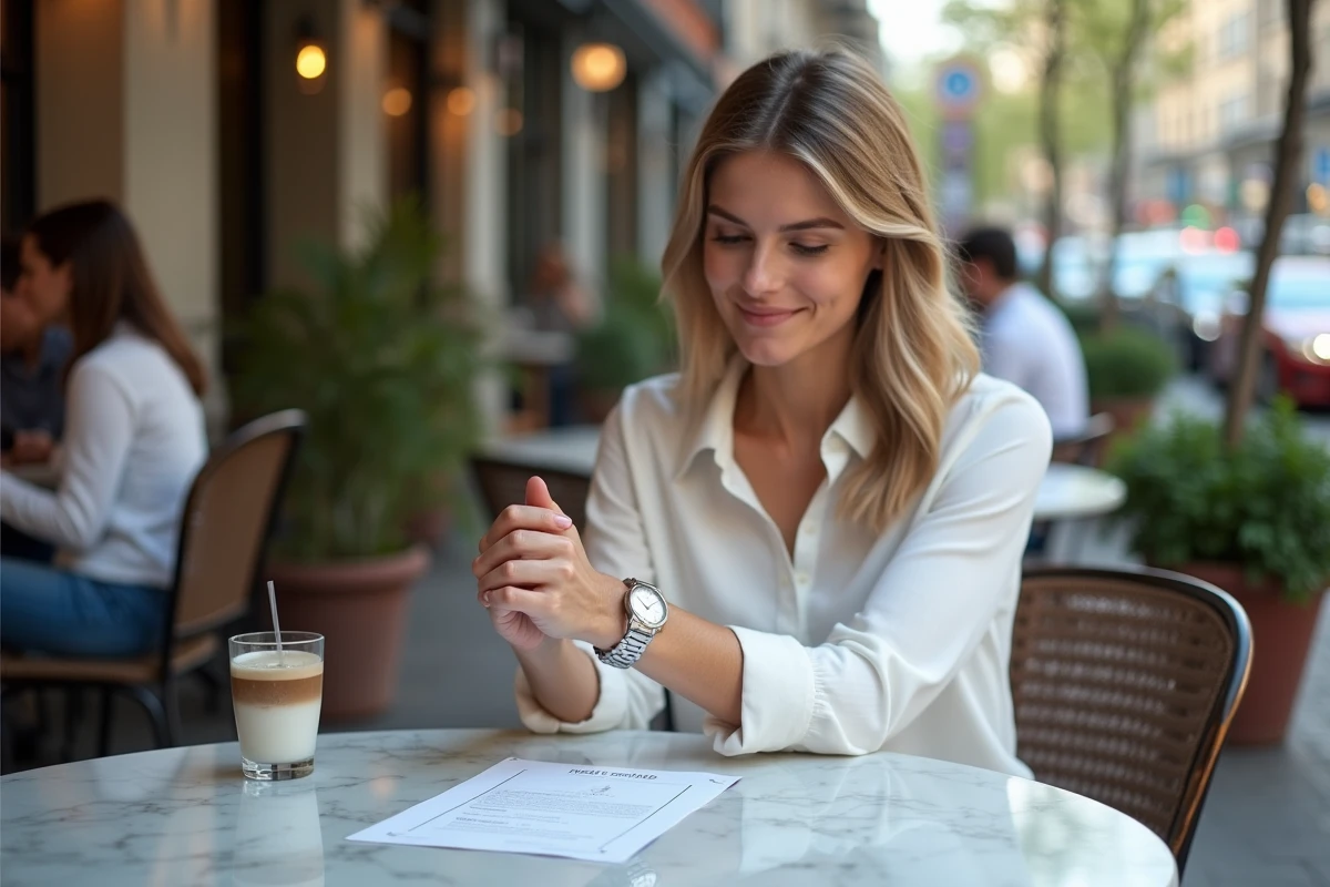 Jeune femme admirant une montre au café en comparant avec un certificat
