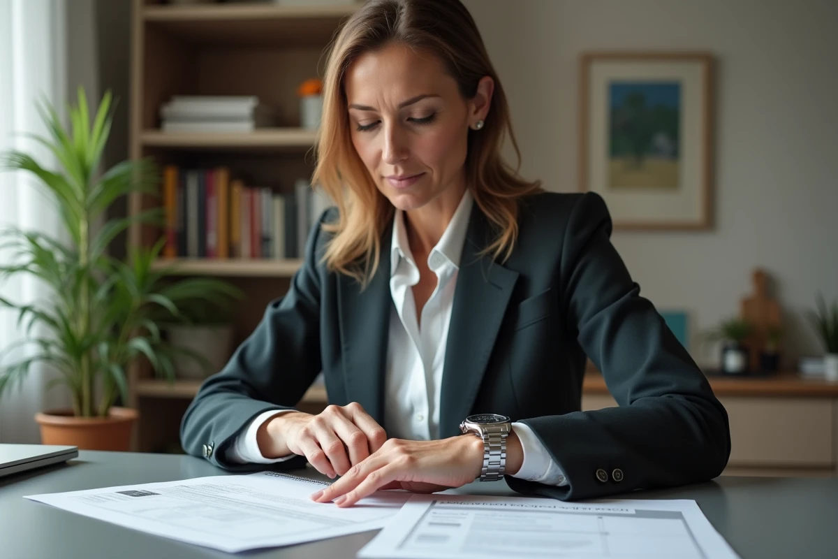 Femme vérifiant un numéro de série de montre dans un bureau