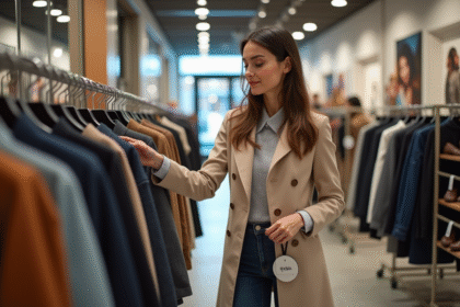 Femme examine un vêtement en outlet mode