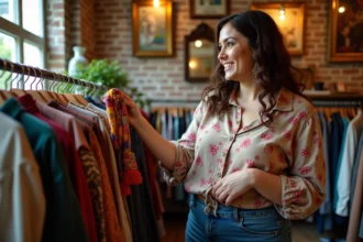 Femme confiante dans une boutique vintage à Strasbourg