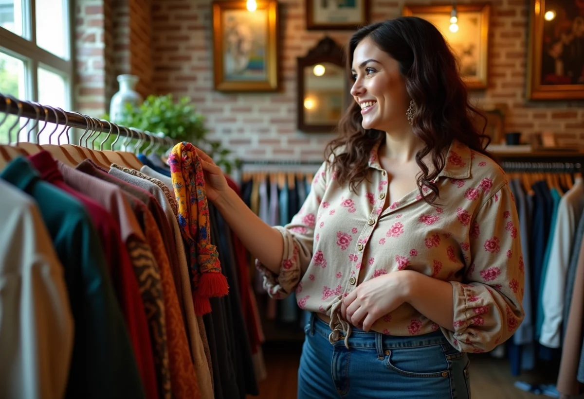 Femme confiante dans une boutique vintage à Strasbourg