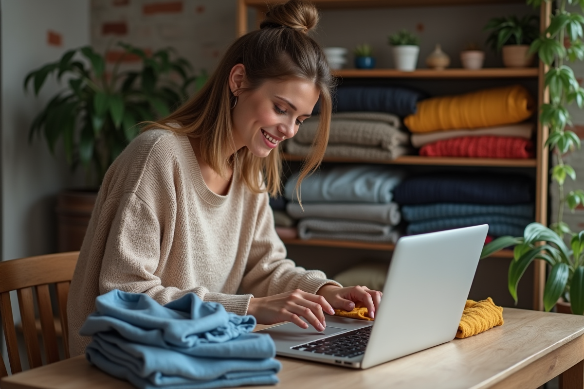 Jeune femme prépare des vêtements d'occasion chez elle