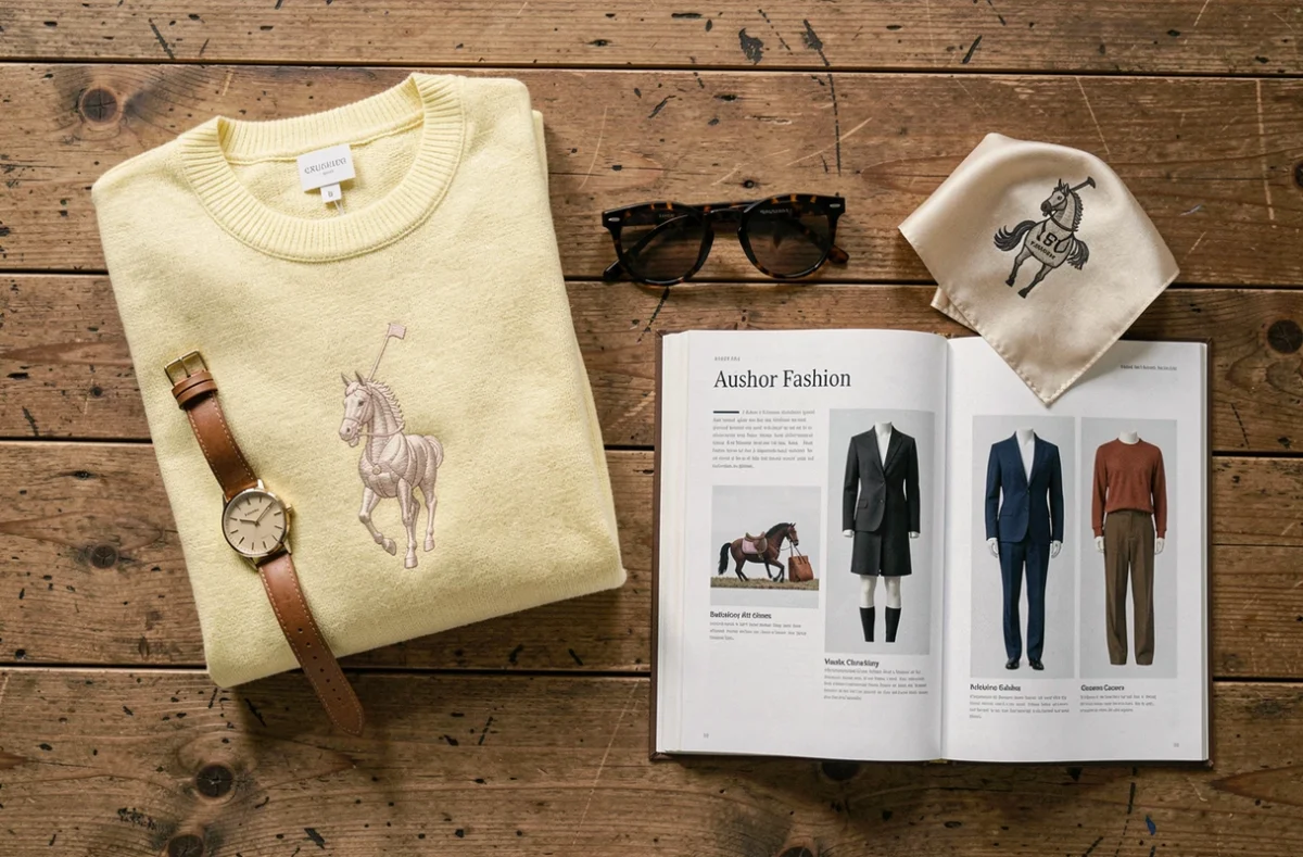 Flat lay élégant d'accessoires et vêtements avec motif cheval brodé sur table en chêne, sélection d'alternatives chics à Ralph Lauren en 2026