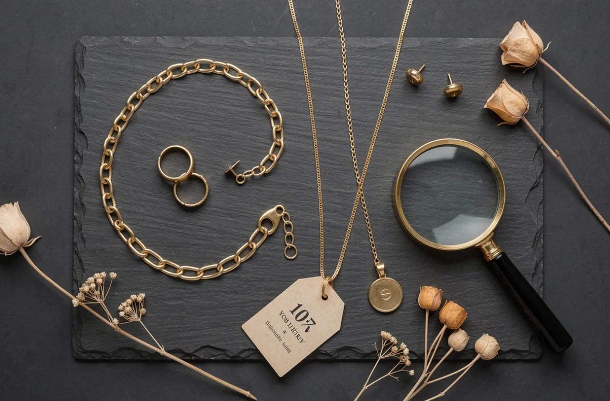 Flat lay de bijoux plaqués or sur ardoise sombre, incluant bagues, bracelet chaîne, boucles d'oreilles et pendentif, avec une étiquette de prix et une loupe pour illustrer le rapport qualité-prix