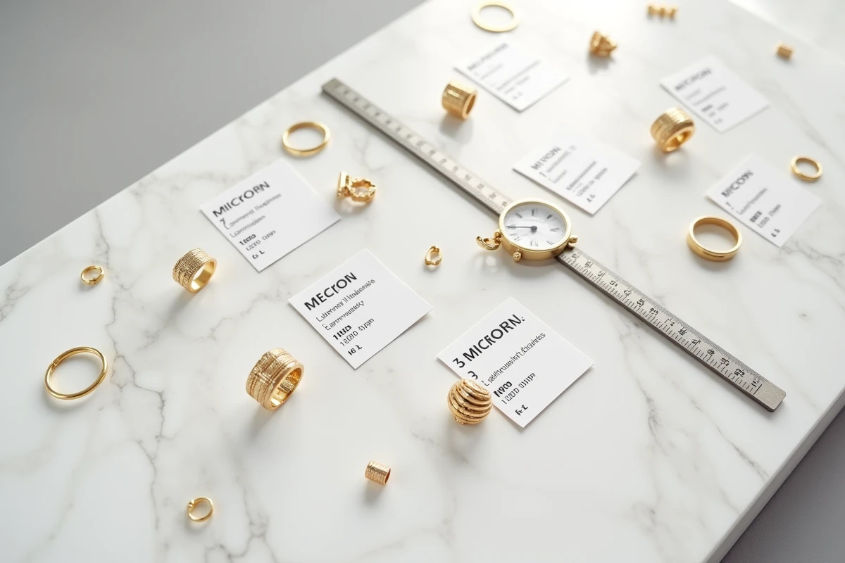 Flat lay de bijoux en plaqué or avec fiches techniques indiquant l'épaisseur en microns et pied à coulisse sur marbre blanc