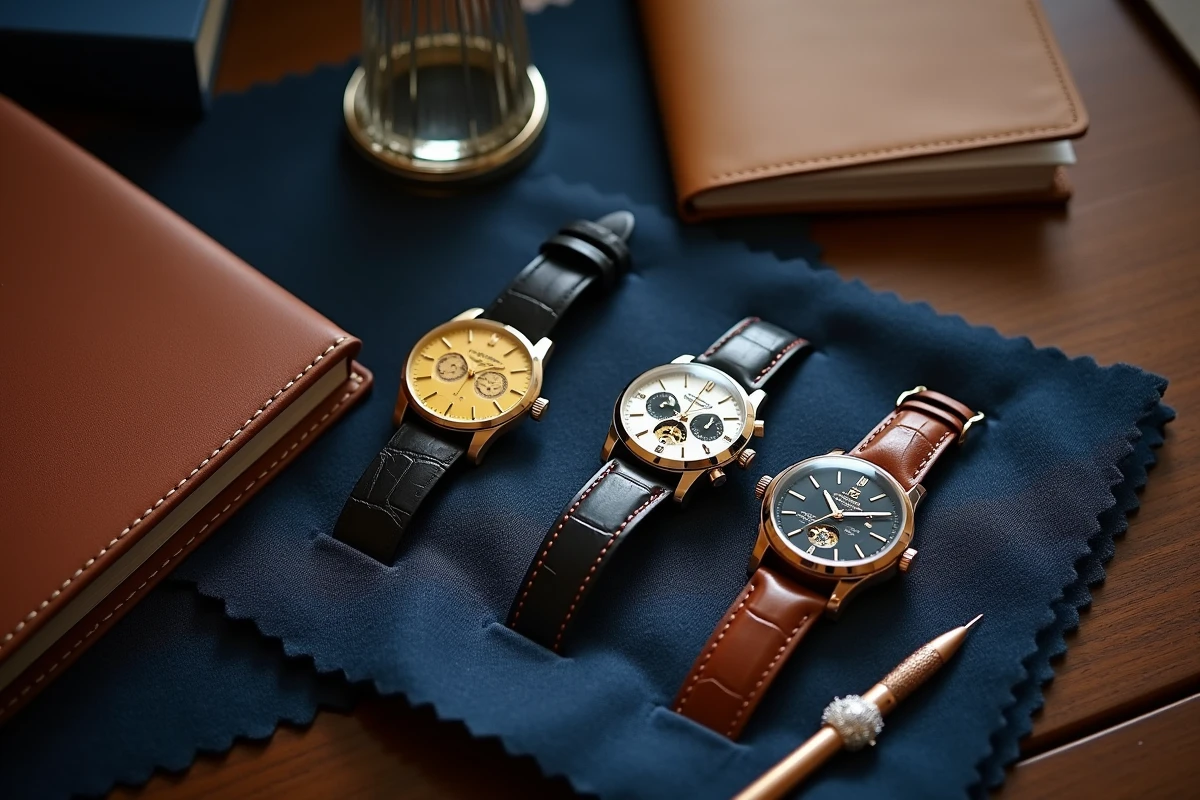 Flat lay de trois montres de luxe et créations indépendantes sur lin marine avec catalogue et loupe dans une boutique horlogère