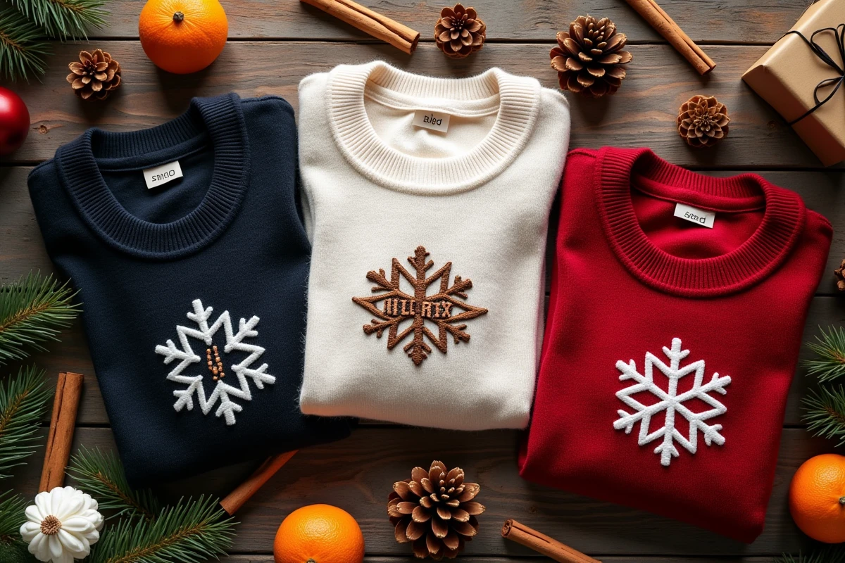 Flatlay de trois pulls de Noël personnalisés pliés sur une table en bois avec des décorations naturelles de Noël