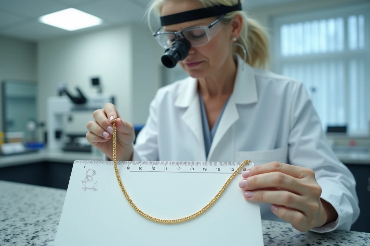 Gemmologue examinant une chaîne en plaqué or avec une loupe professionnelle dans un laboratoire d'analyse de bijoux