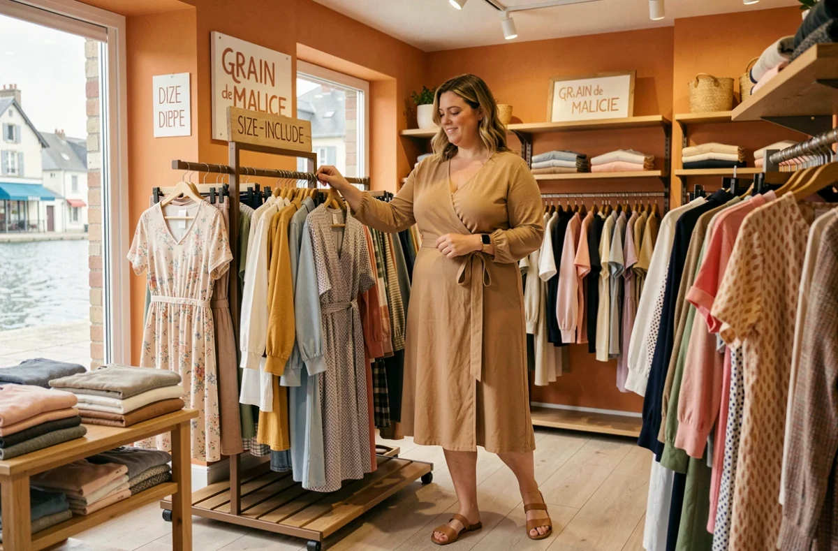 Femme parcourant les collections grande taille dans la boutique Grain de Malice de Dieppe