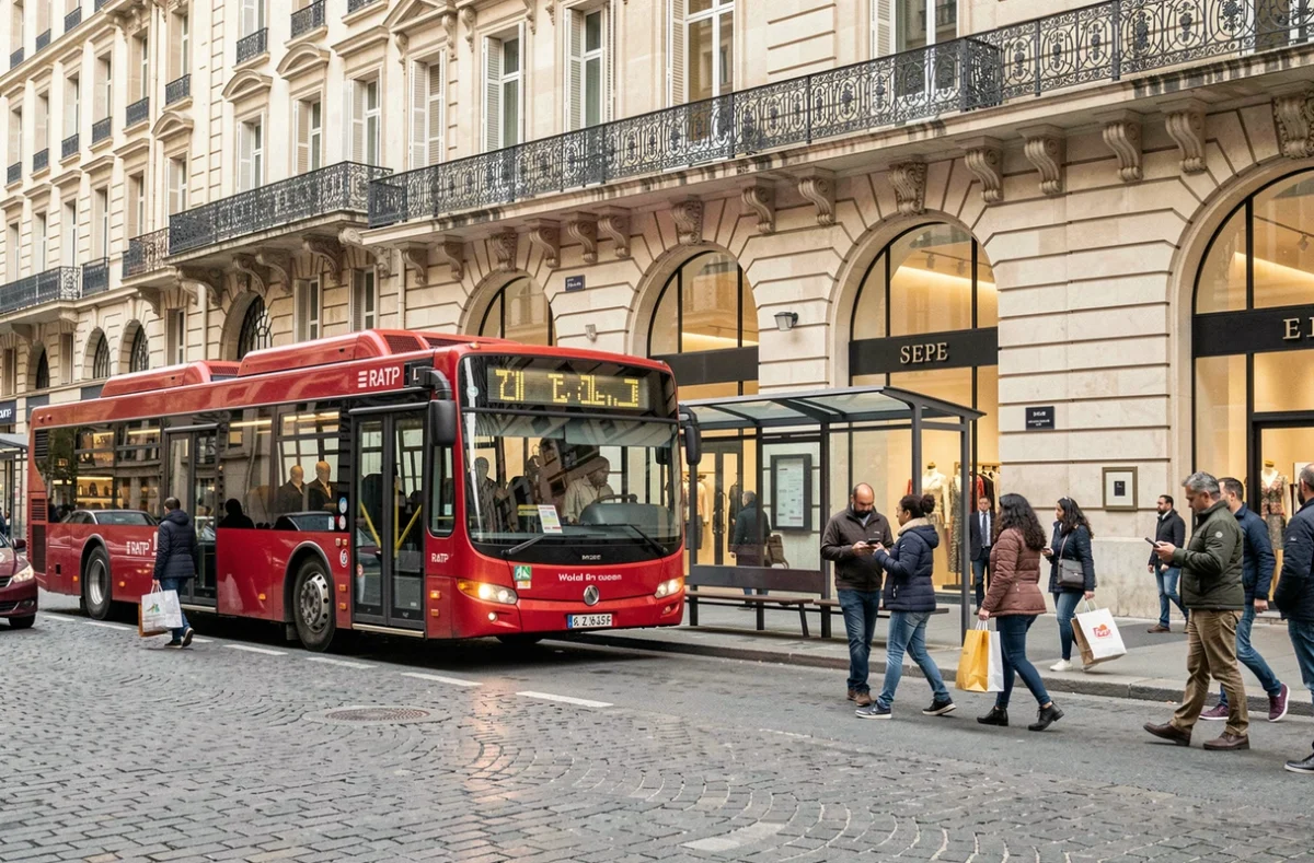 Bus RATP devant un grand magasin parisien aux façades haussmanniennes, passants avec sacs de courses et arrêt de bus en centre-ville