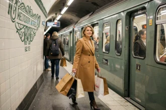 Femme avec des sacs de grands magasins parisiens montant dans le métro de Paris, station avec carrelage blanc et signalétique Art Nouveau