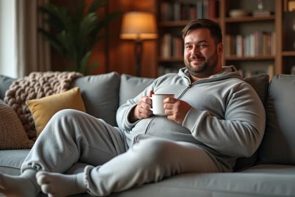 Homme grande taille portant une grenouillère pyjama grise confortable sur un canapé avec une tasse de café