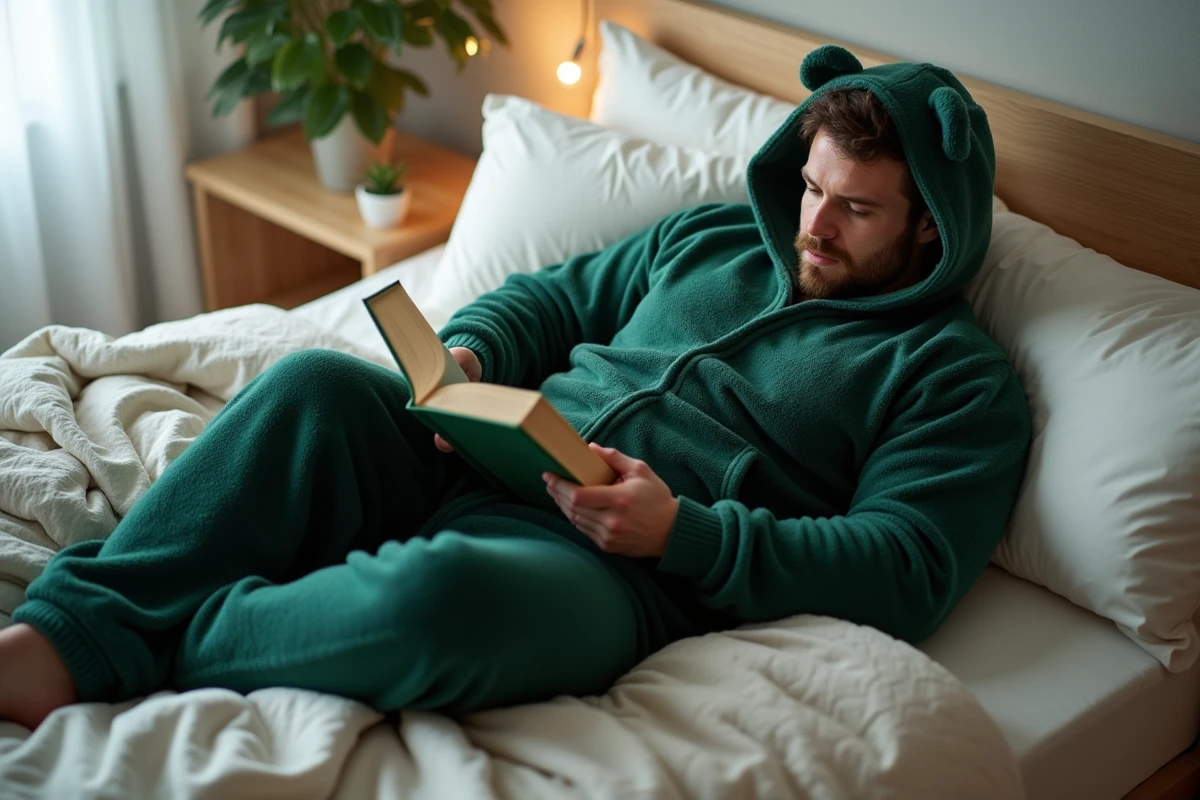 Homme grande taille allongé sur un lit en grenouillère verte capuche oreilles d'ours en train de lire