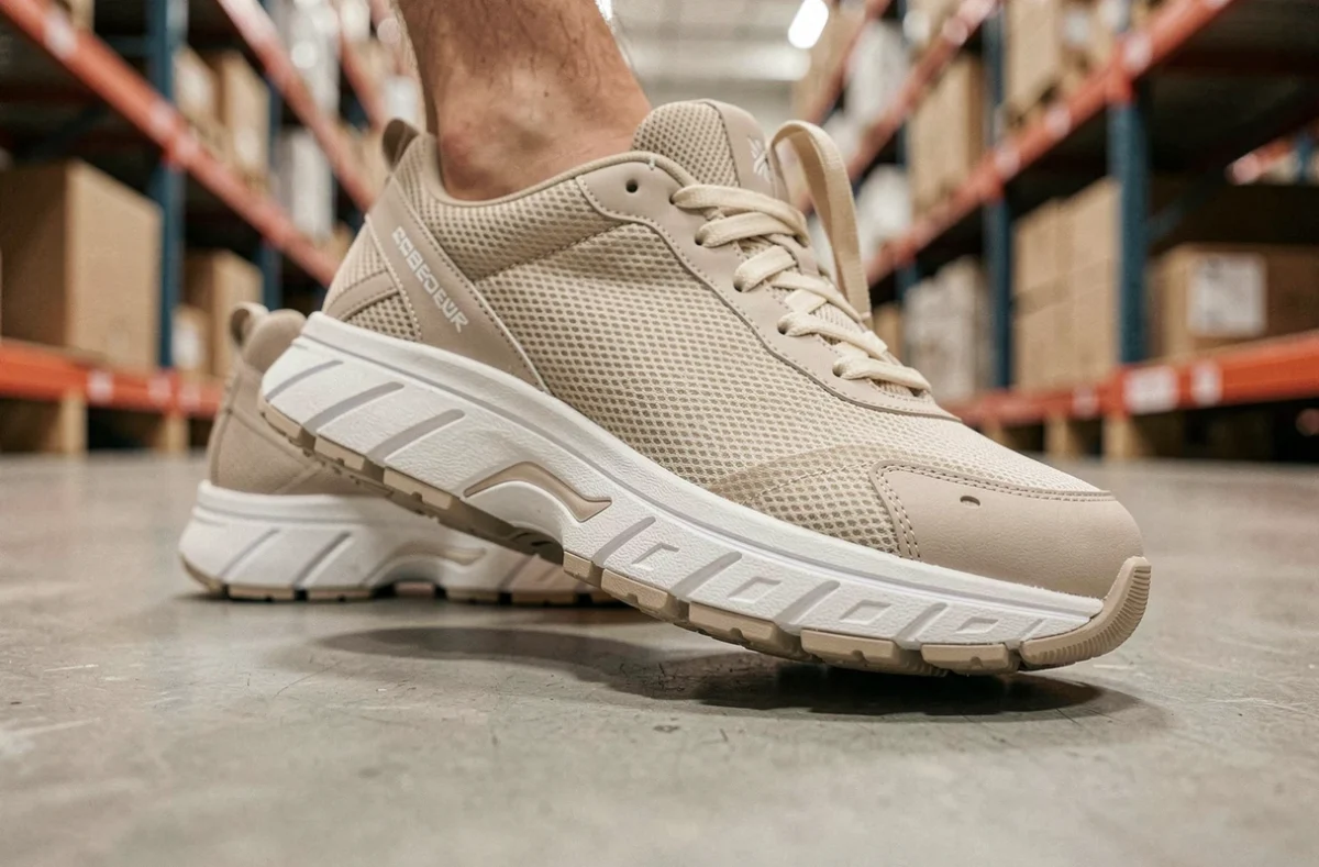 Gros plan sur des baskets à semelles épaisses anti-fatigue pour le travail debout en entrepôt ou commerce