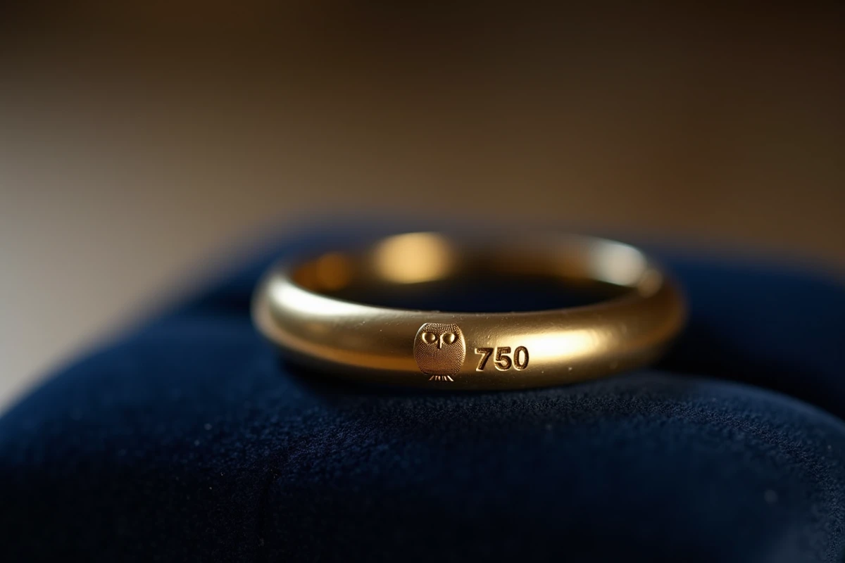 Gros plan sur un poinçon de garantie et le titre 750 gravés à l'intérieur d'une bague en or jaune